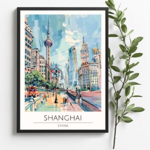 A captivating poster showcasing the modern skyline of Shanghai. A3 size, perfect for enhancing any room or office. Features iconic landmarks like the Oriental Pearl Tower and the Bund. High-quality print with vibrant colors and sharp details. An ideal gift for those who admire Chinese culture and urban landscapes.