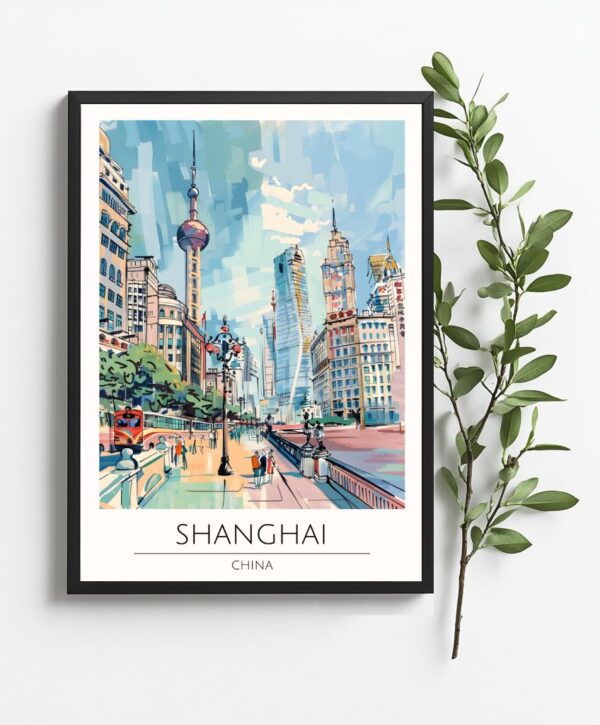 A captivating poster showcasing the modern skyline of Shanghai. A3 size, perfect for enhancing any room or office. Features iconic landmarks like the Oriental Pearl Tower and the Bund. High-quality print with vibrant colors and sharp details. An ideal gift for those who admire Chinese culture and urban landscapes.